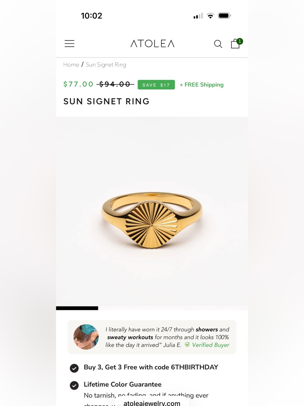 Atolea Gold Tone Sunburst Signet Ring